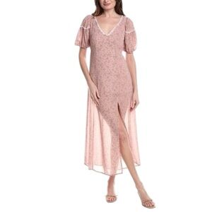 HERSY Floral Pink Midi Dress with Puff Sleeves Cottagecore Boho Party Whimsy M